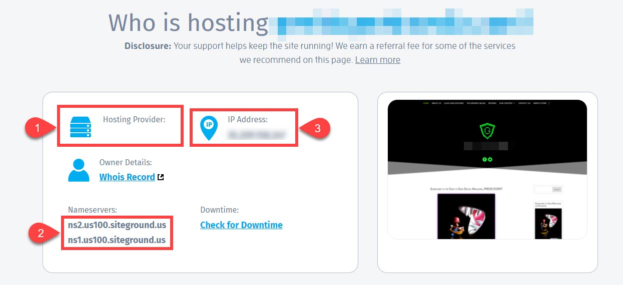 website hosting info missing