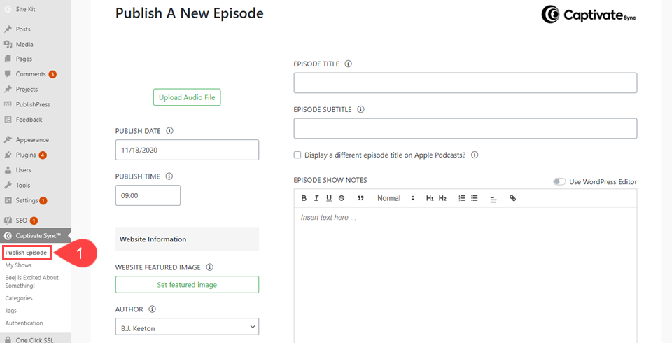 publish the podcast through the wp dashboard