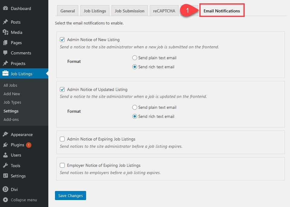 email notifications tab