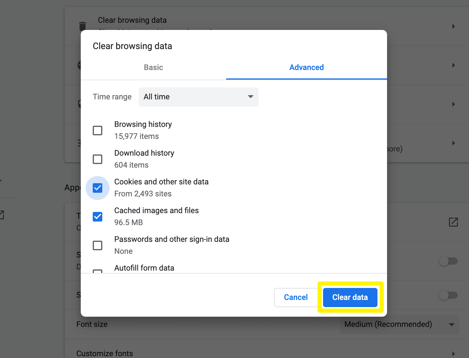 Clearing browsing data in Chrome.