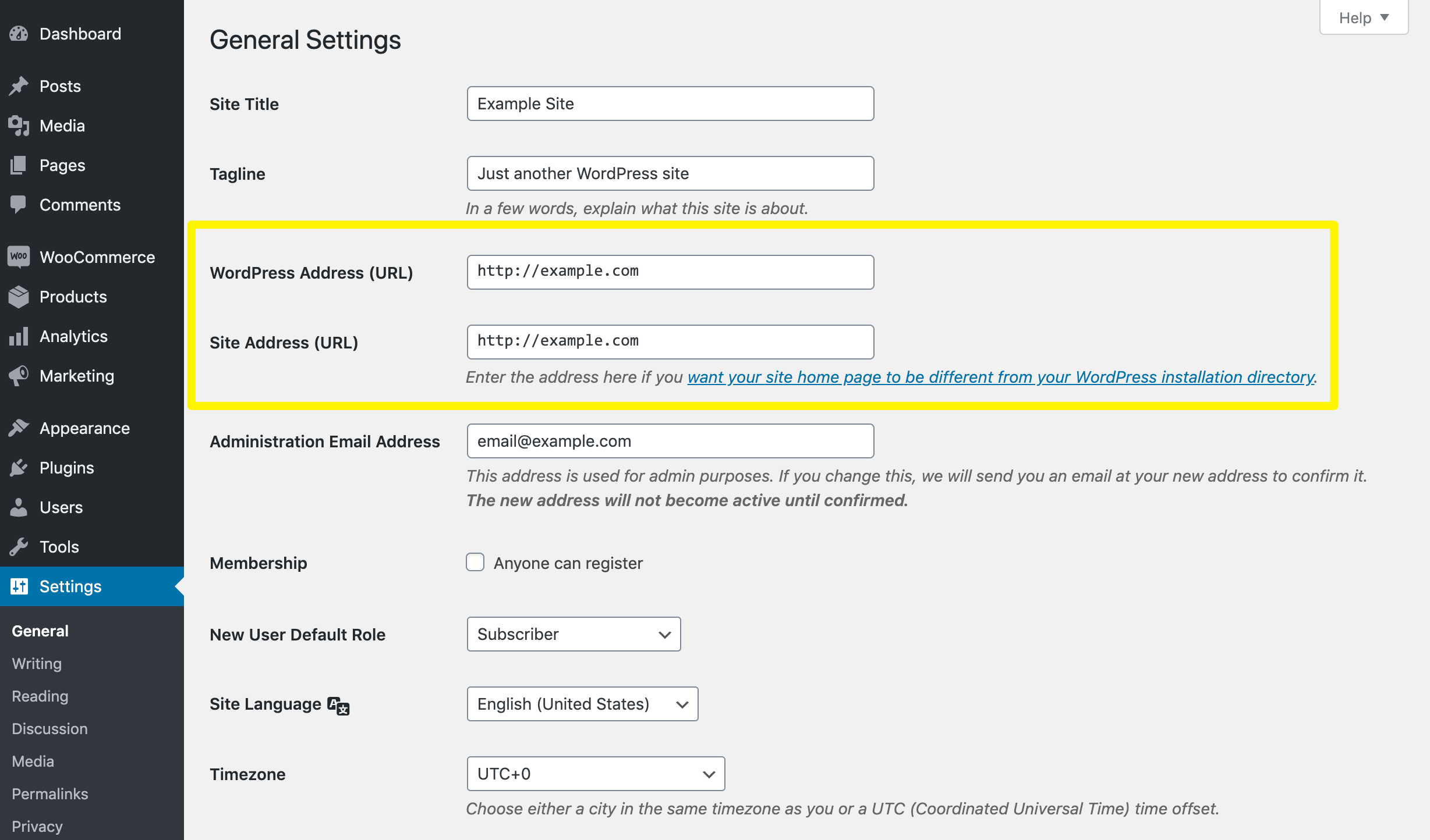 The WordPress Address and Site Address settings.