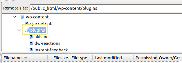 A screenshot of the plugins folder as seen from an FTP manager.