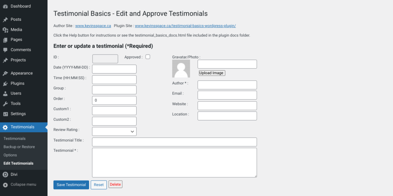 The Testimonial Basics plugin settings page.