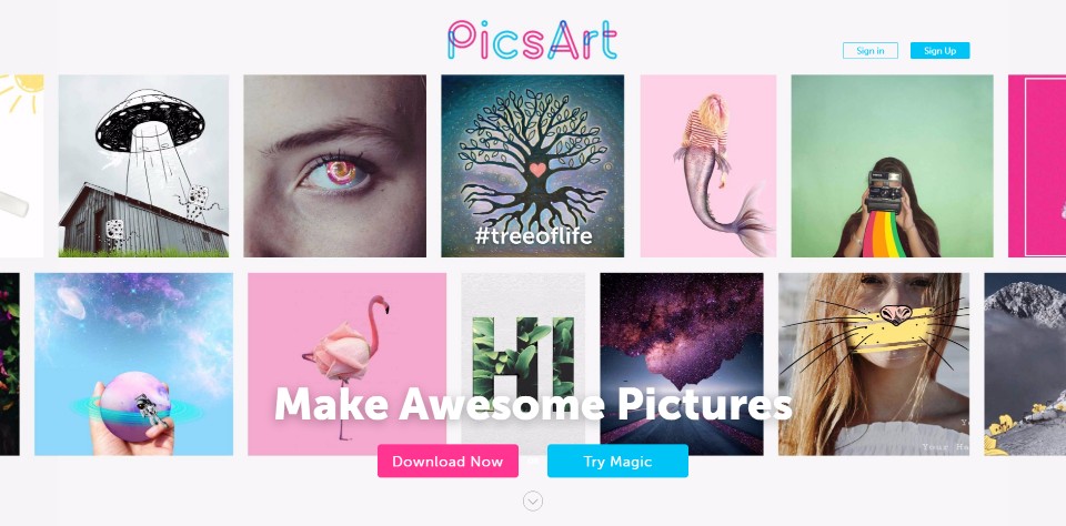 The PicsArt Photo Studio home page.