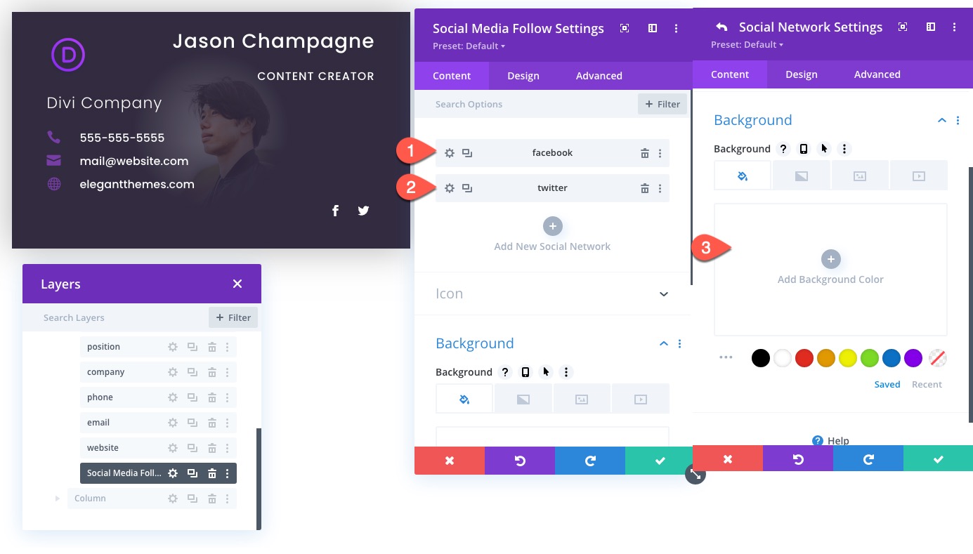 divi business card design with flip animation on click