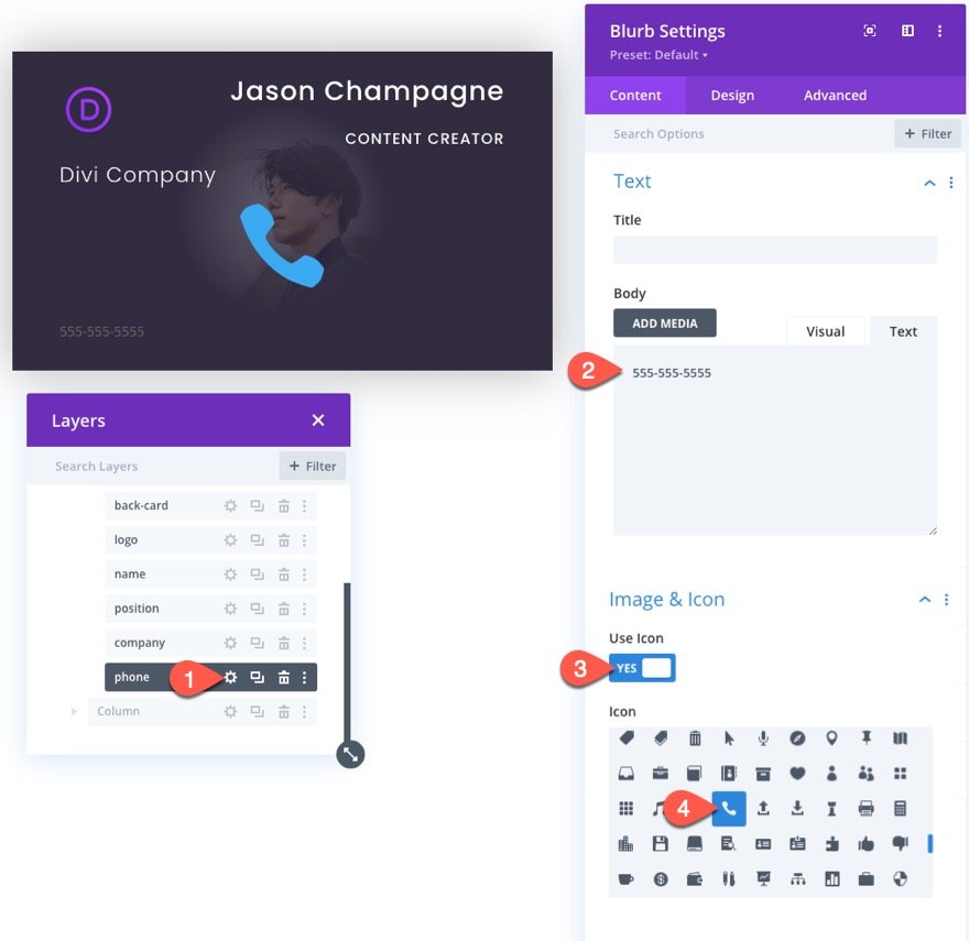 divi business card design with flip animation on click
