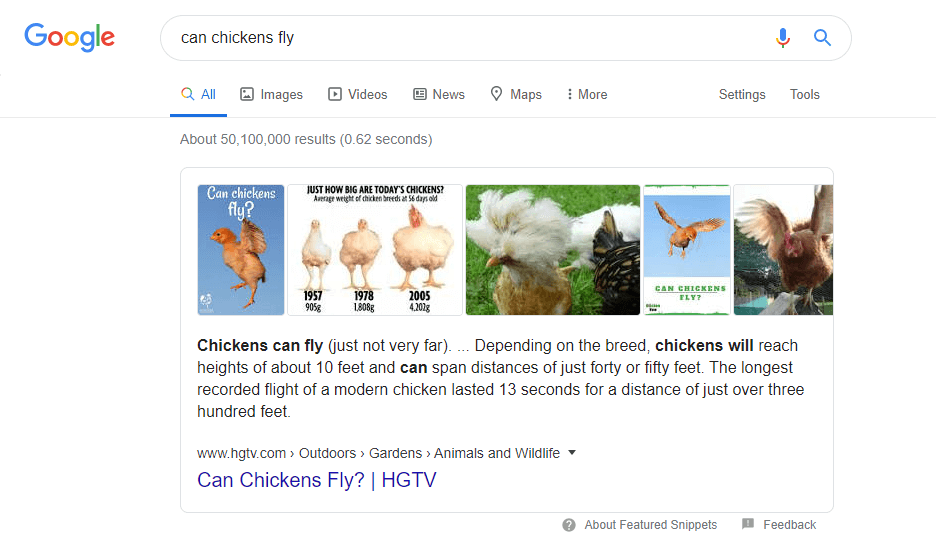 A featured snippet about chicken flight.