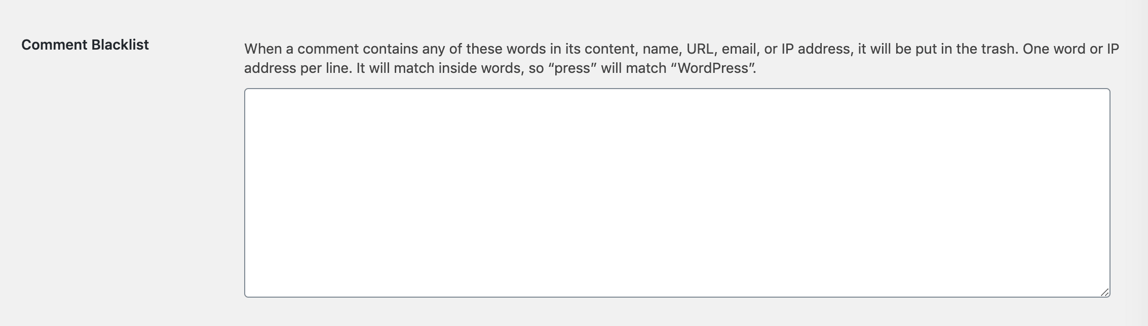 The Comment Blacklist setting in WordPress.