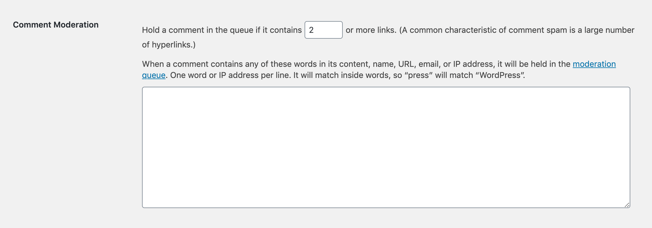 The Comment Moderation settings in WordPress.