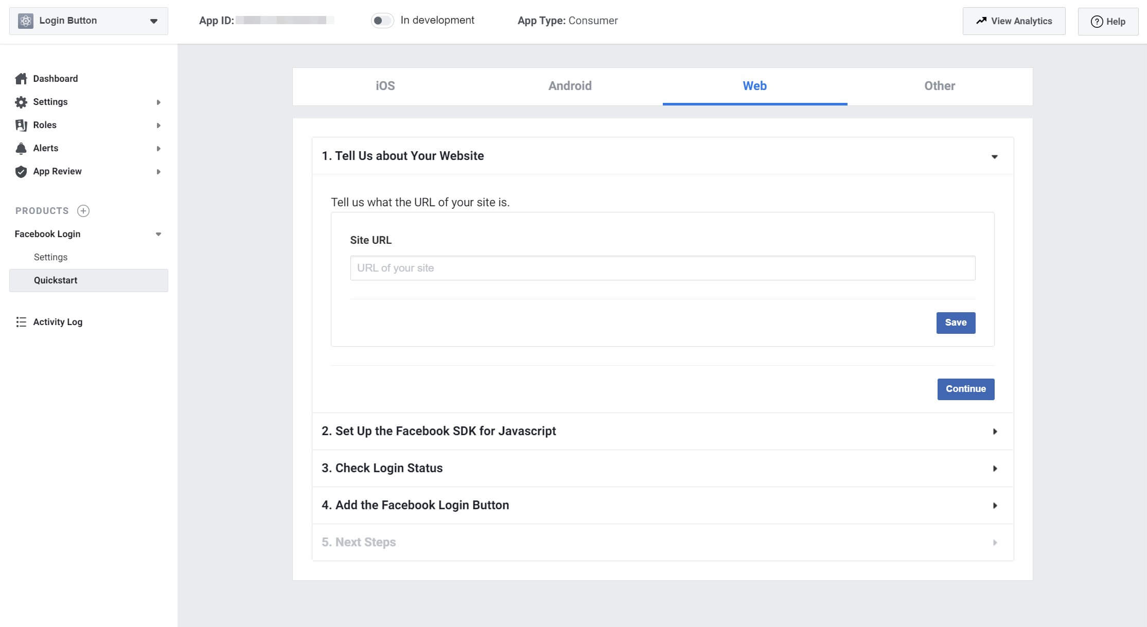 The wizard for creating your Facebook login button.