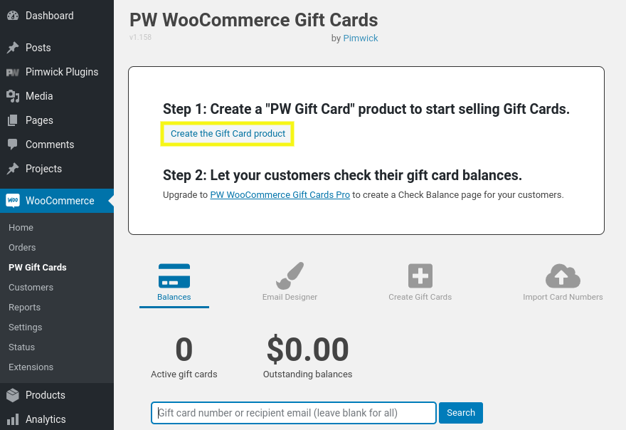 The 'create a gift card product' option in WooCommerce.
