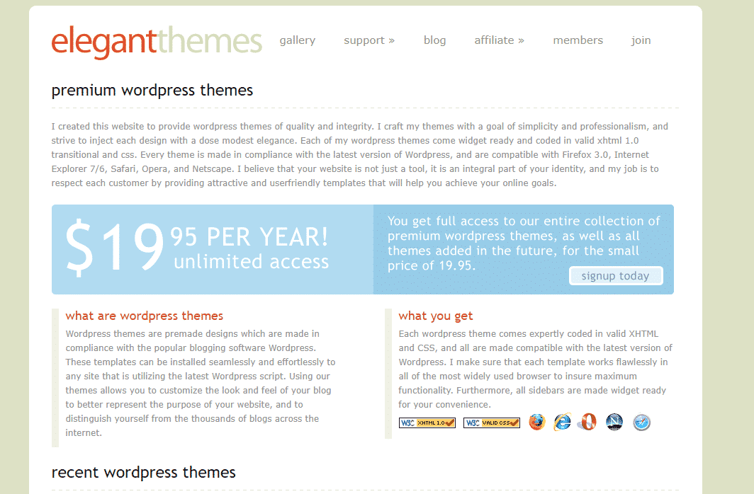 The Elegant Themes website in 2008.