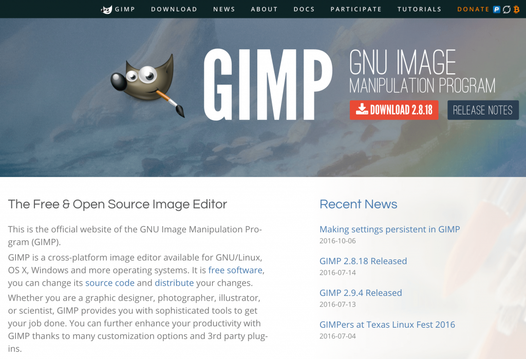 The GIMP home page.