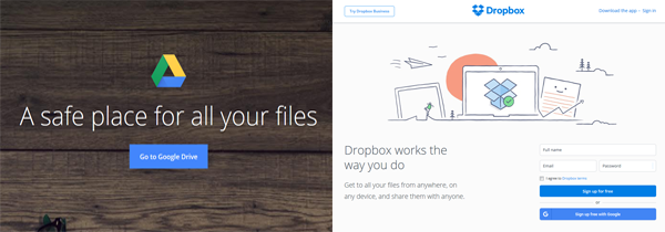 Screenshots from the Google Drive and Dropbox homepages.