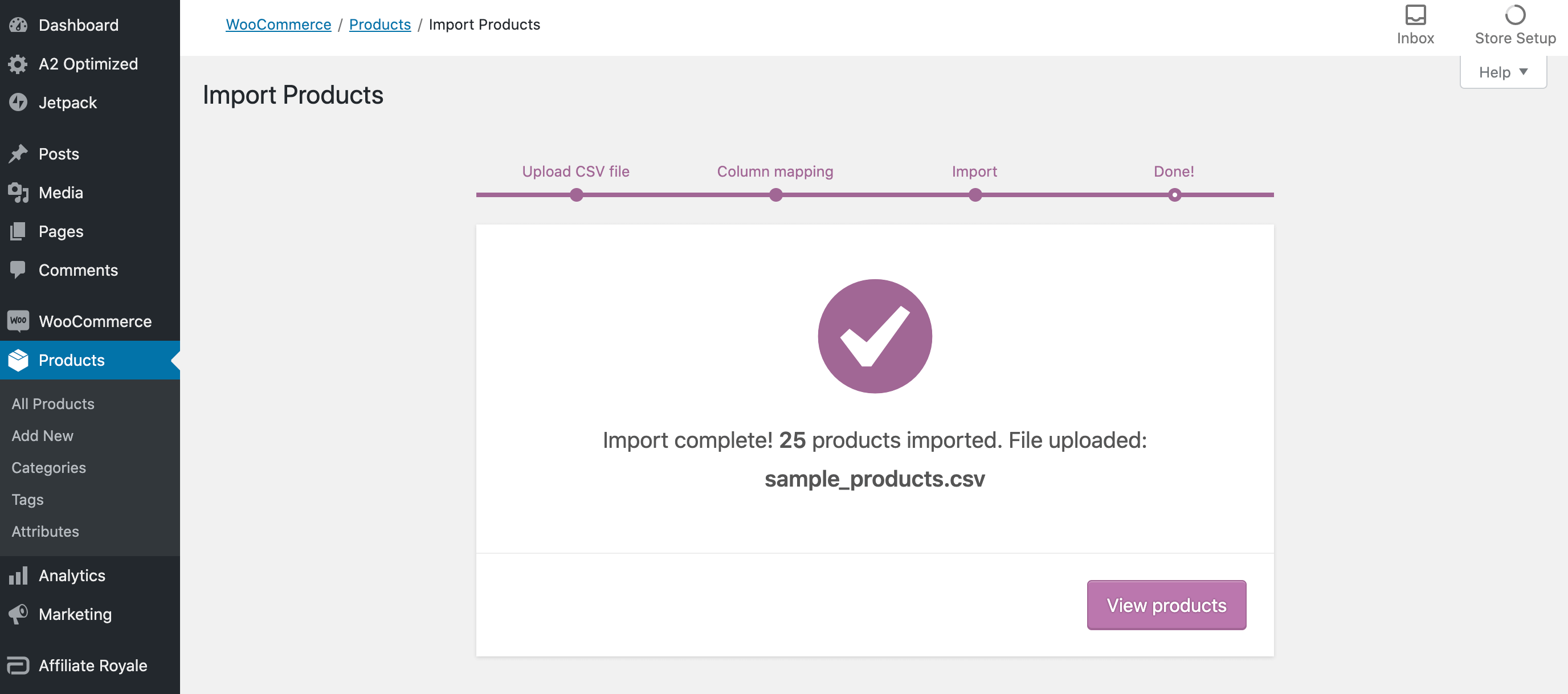 WooCommerce CSV import success message.