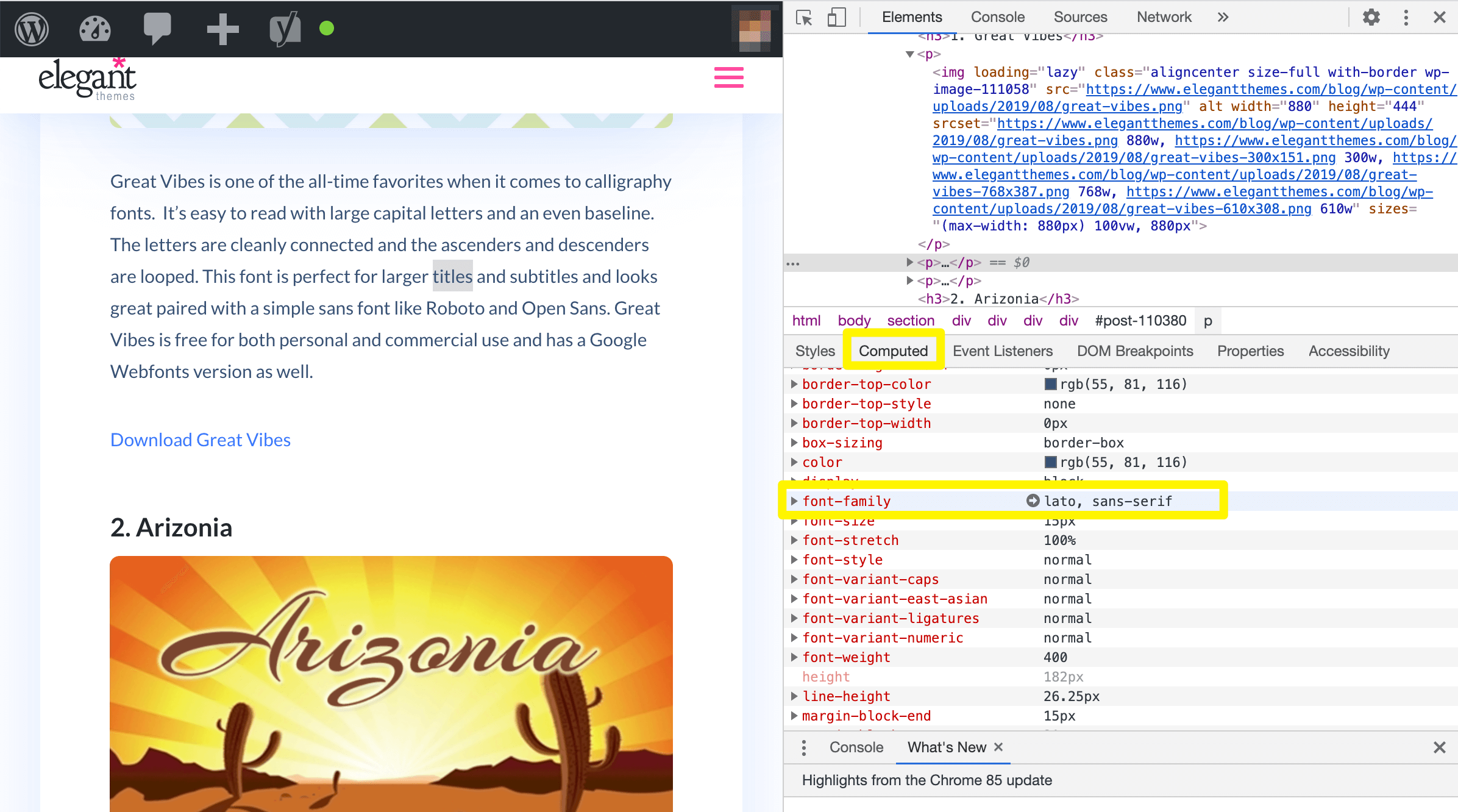 Viewing the font family in the Chrome Inspector tool.