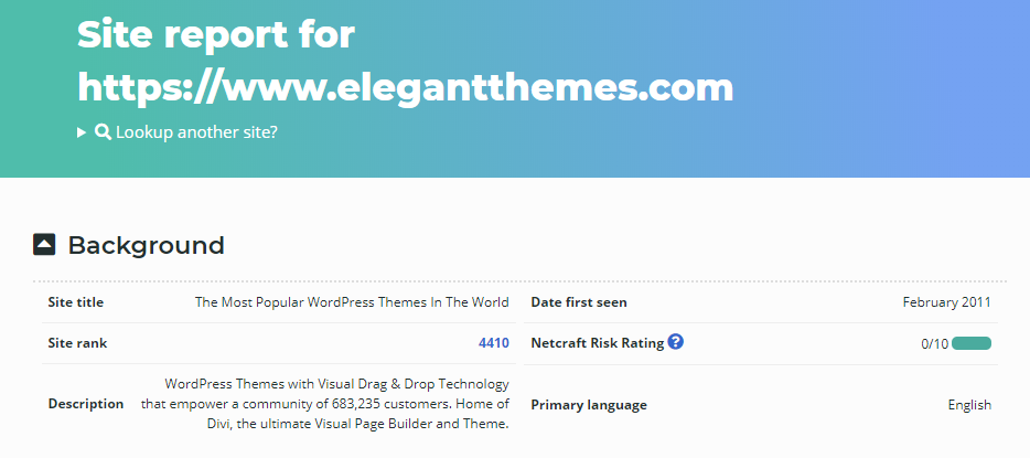 A Netcraft information page for Elegant Themes, showing what the website is built with.