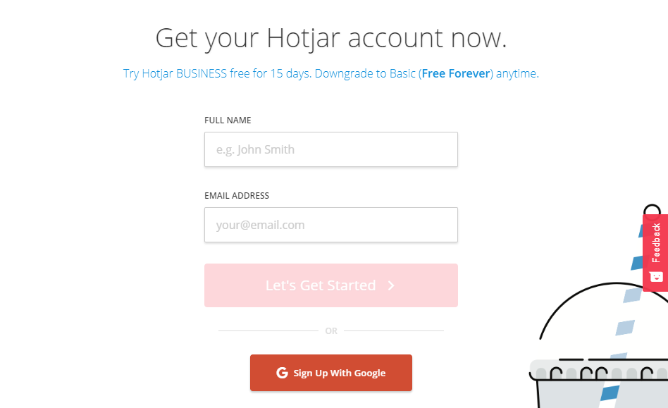 Creating a new Hotjar account.