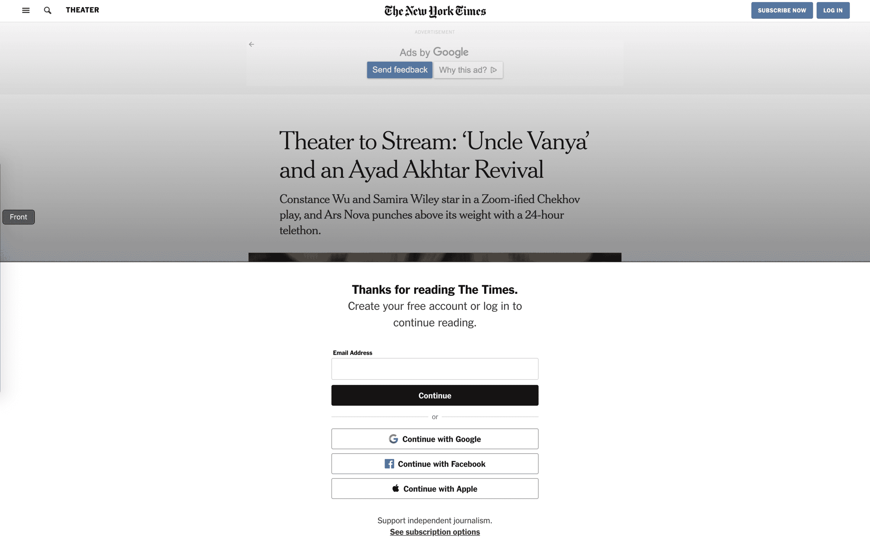 An example of a paywall on the New York Times websites.