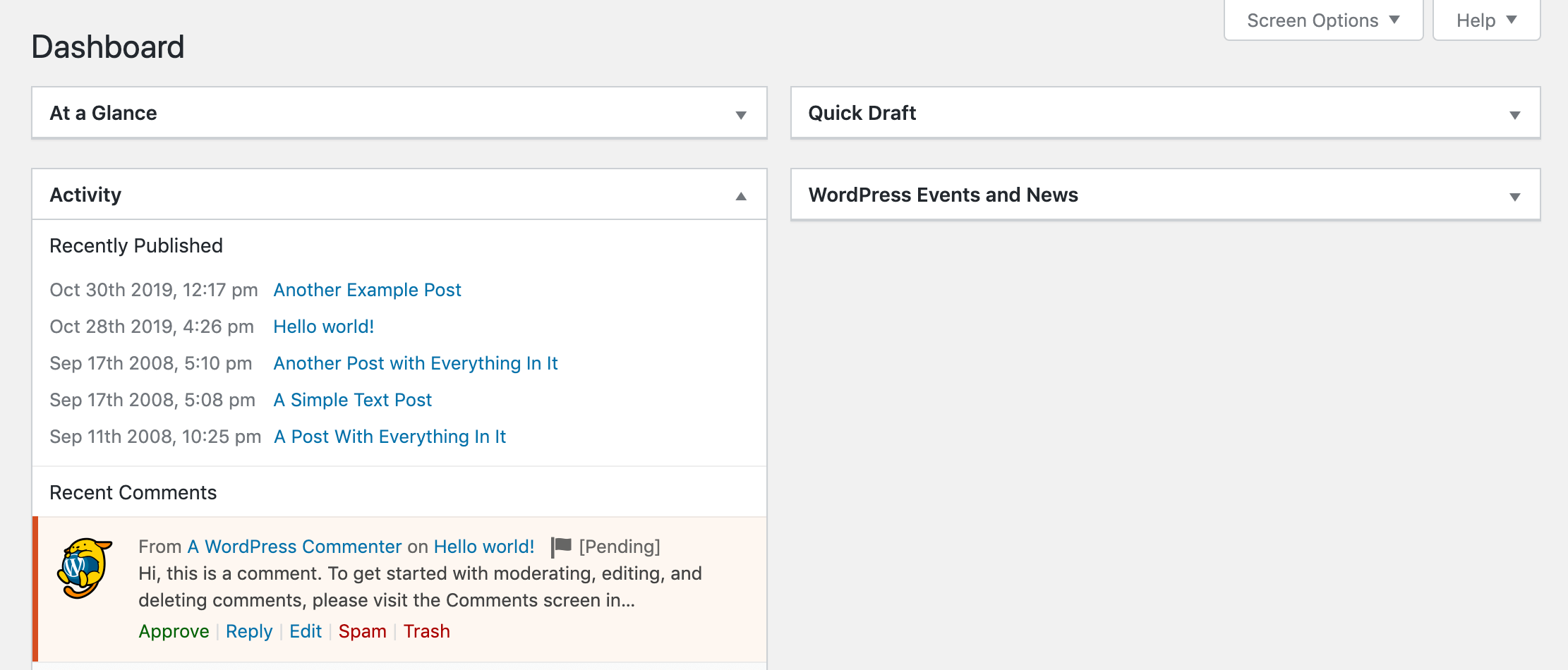 A pending comment in the WordPress dashboard.
