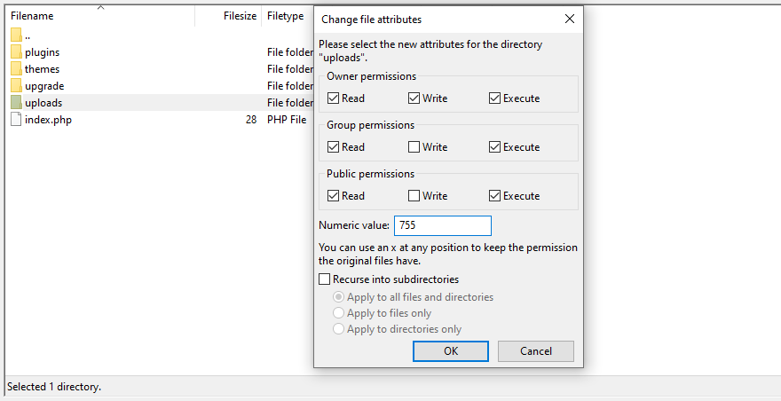 An example of permission settings for an uploads folder.