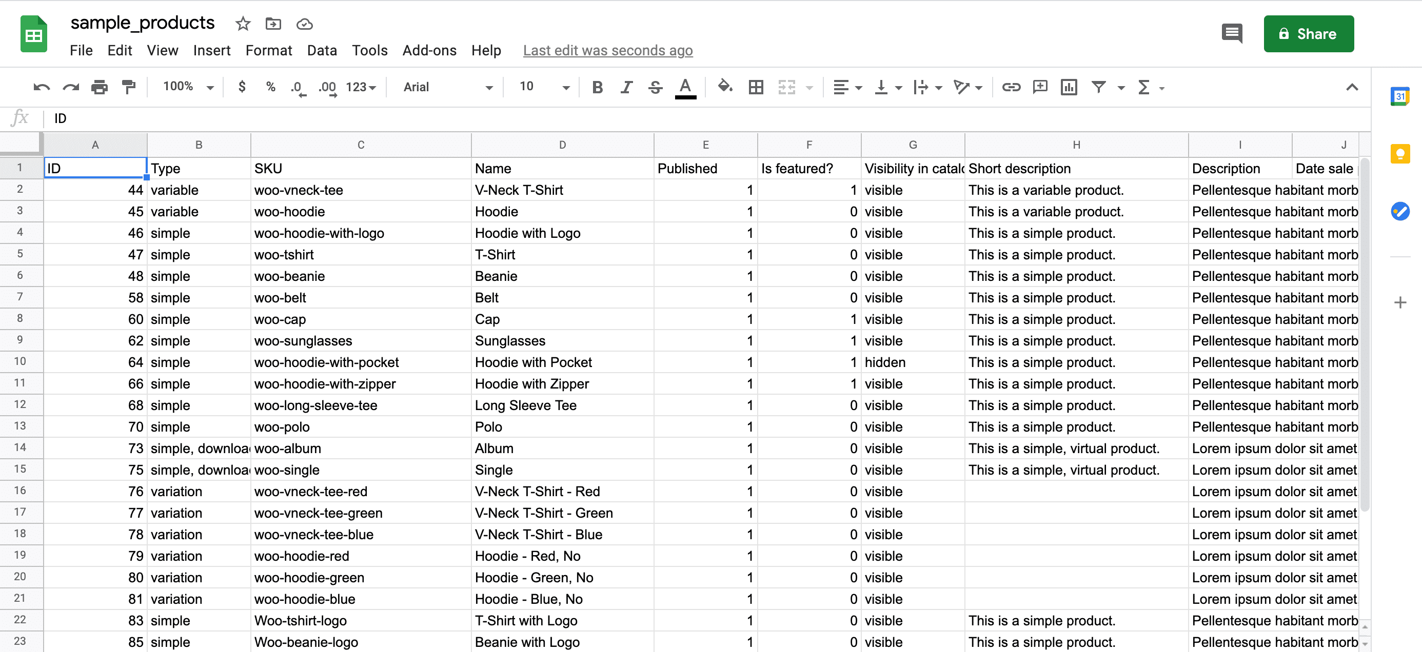 A sample WooCommerce CSV import file.