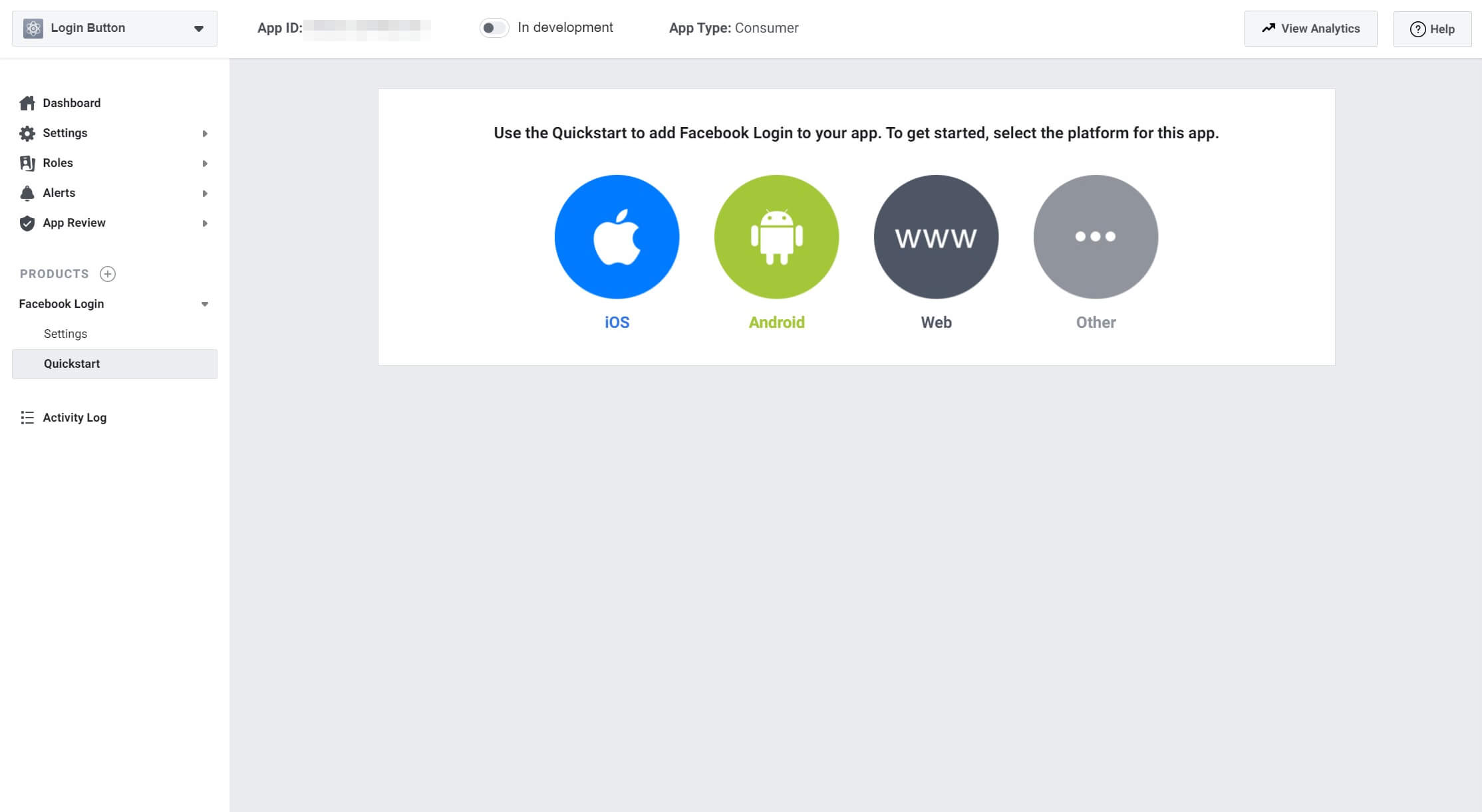 Selecting the platform for your Facebook login button.