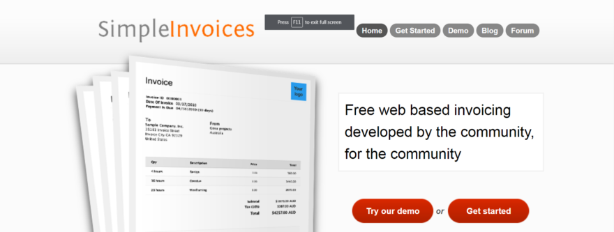 The Simple Invoices home page.