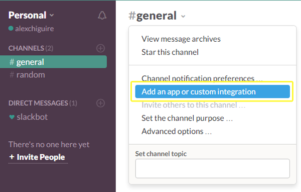 Slack's Add custom integration or app option.