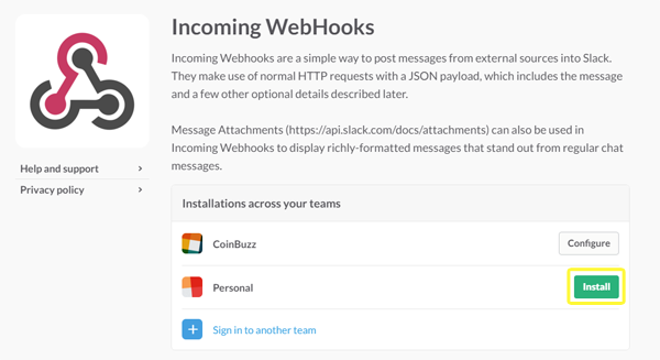 Slack's Incoming Webhooks screenshot.