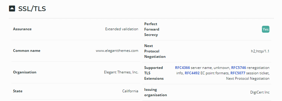 Information on Elegant Themes' SSL certificate.