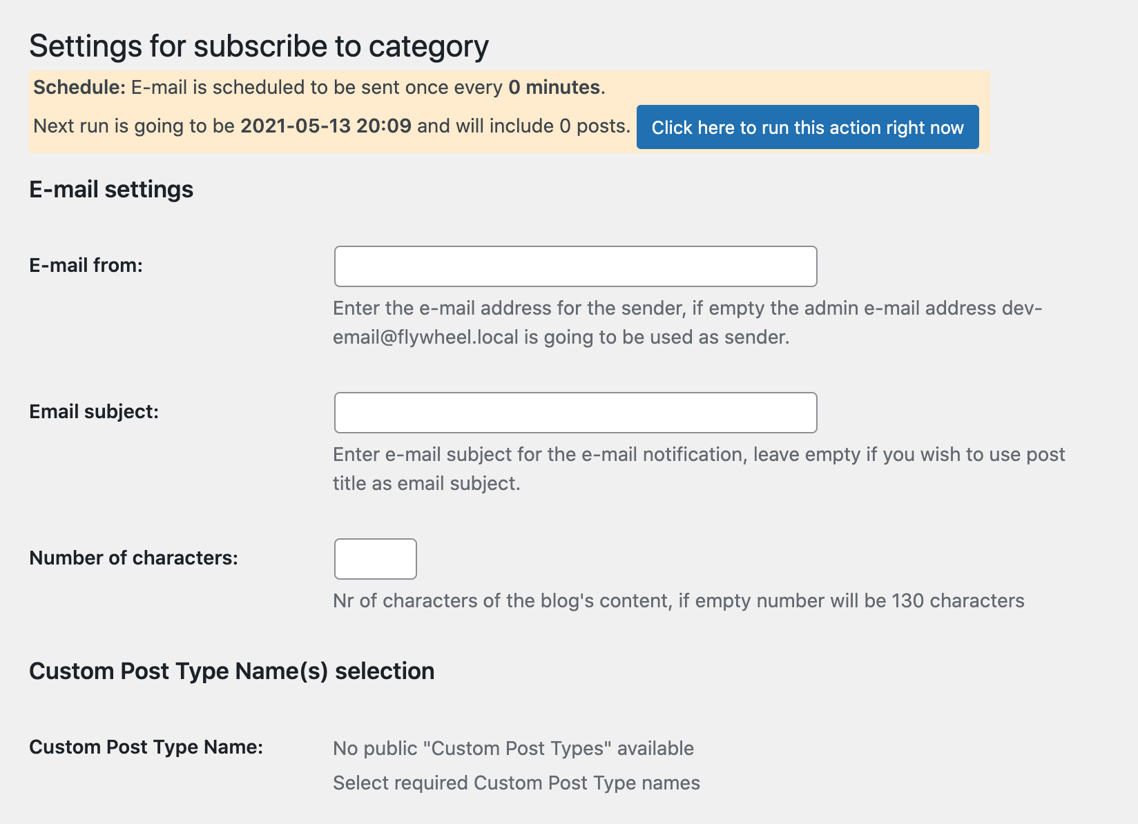 Configuring the Subscribe to Category settings.