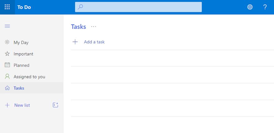 An empty Tasks list in Microsoft To Do.