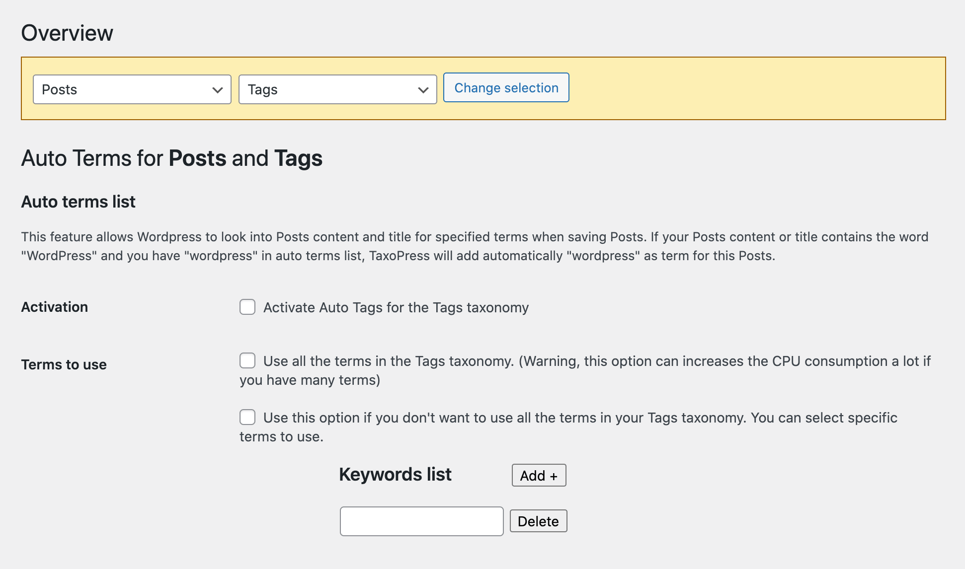 TaxoPress' auto terms feature.