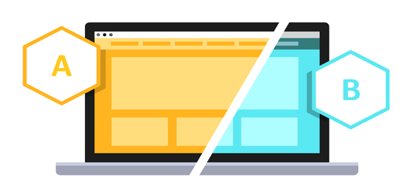 A laptop showing a split browser with two different versions of a site.