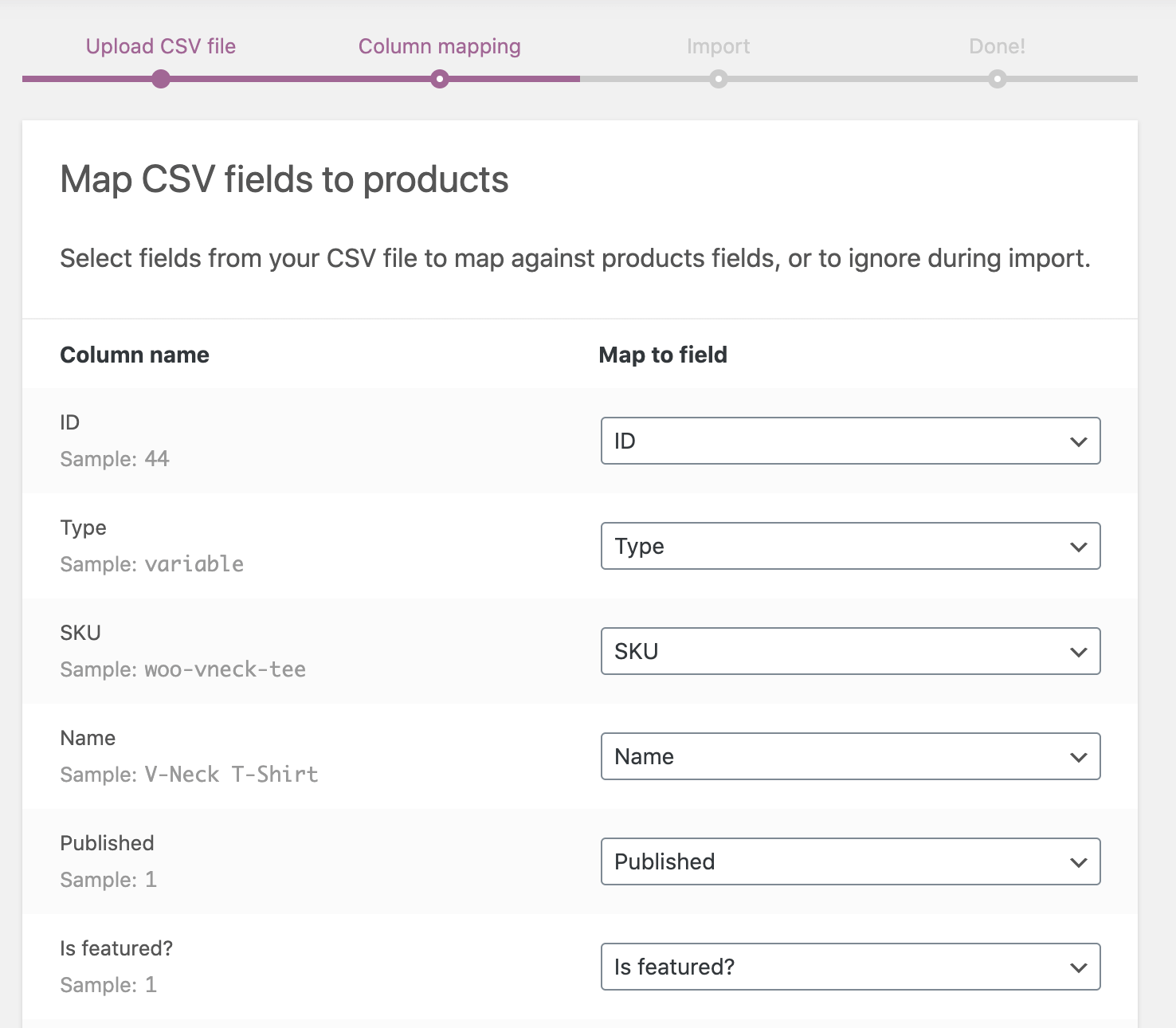 WooCommerce's column mapping.