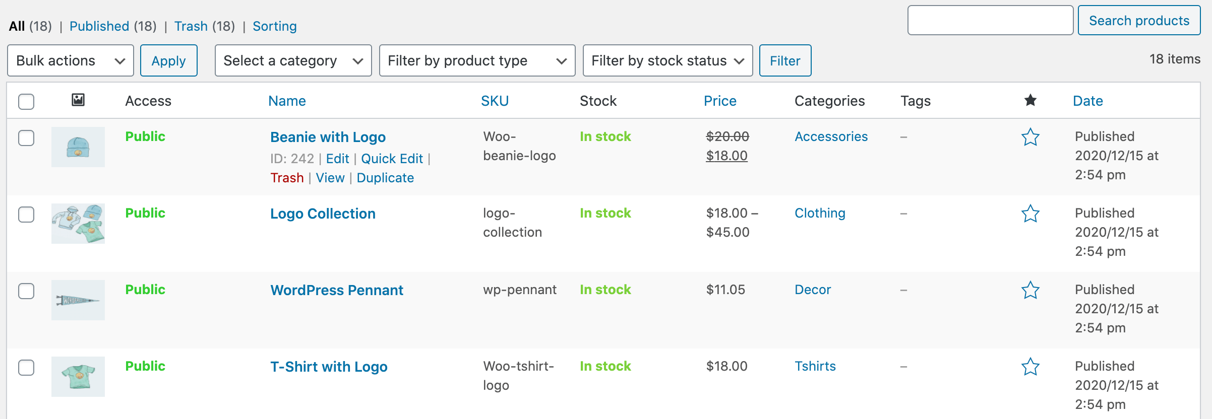 A list of WooCommerce CSV import values.