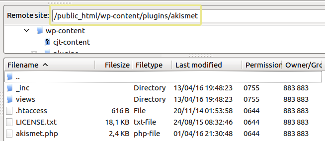 A screenshot of the Akistmet plugin folder as seen from an FTP manager.