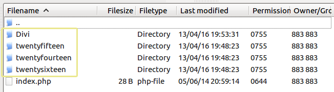 A screenshot of the themes folder as seen from an FTP manager.