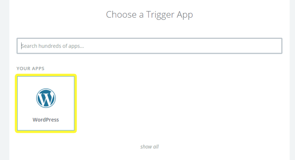 Choosing WordPress to be Zapier's trigger app.