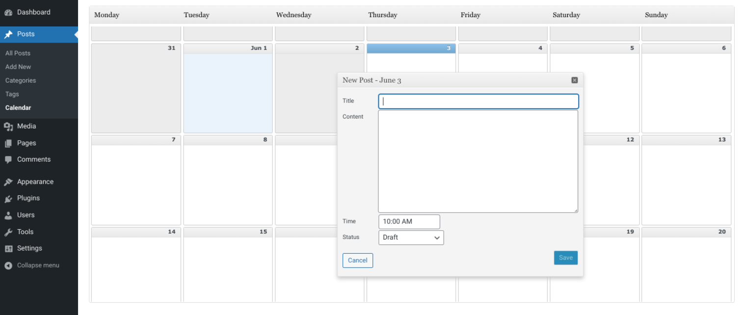 The Editorial Calendar plugin settings.