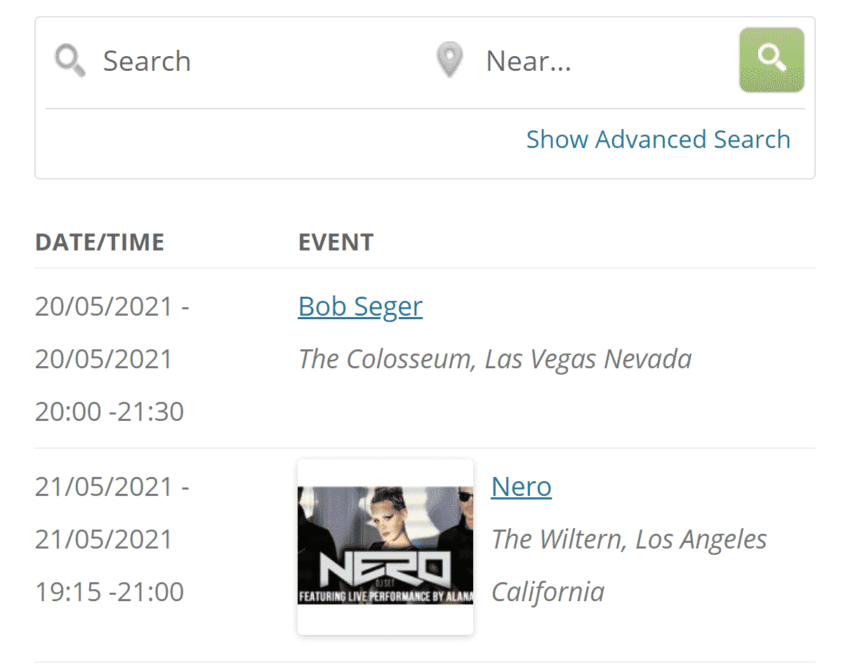 An example of an events page in WordPress