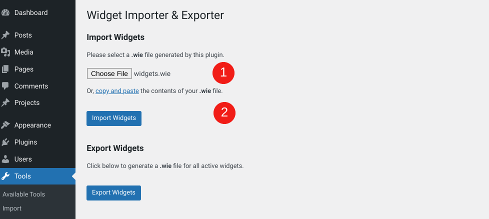 The option to import the widgets file in WordPress.