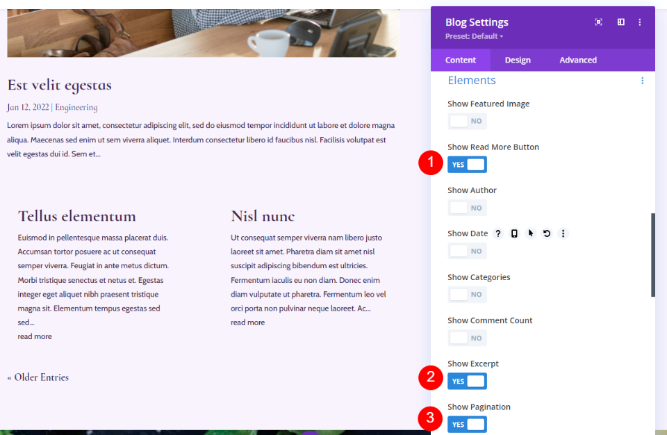 Excerpt, Read More Button & Pagination Element Combinations