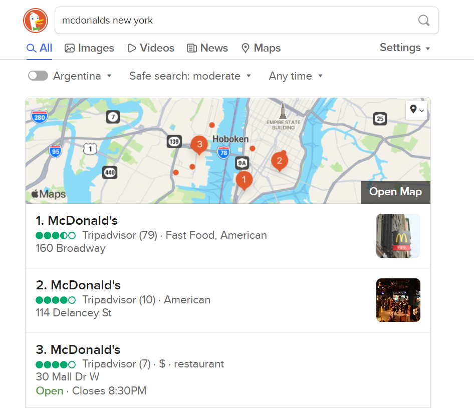 A location-based search using Apple Maps results