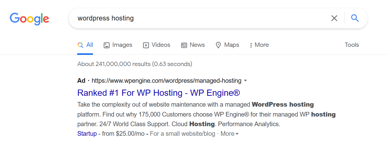 An example of an ad in the SERPs