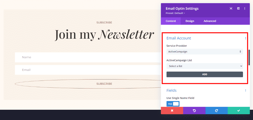 Divi Email Optin Account Options