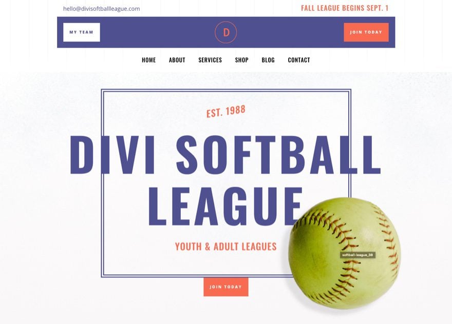 Download a FREE Header and Footer Template for Divi's Softball League Layout Pack