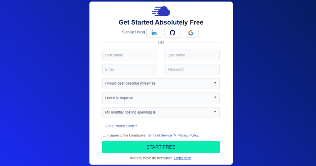 The Cloudways signup page