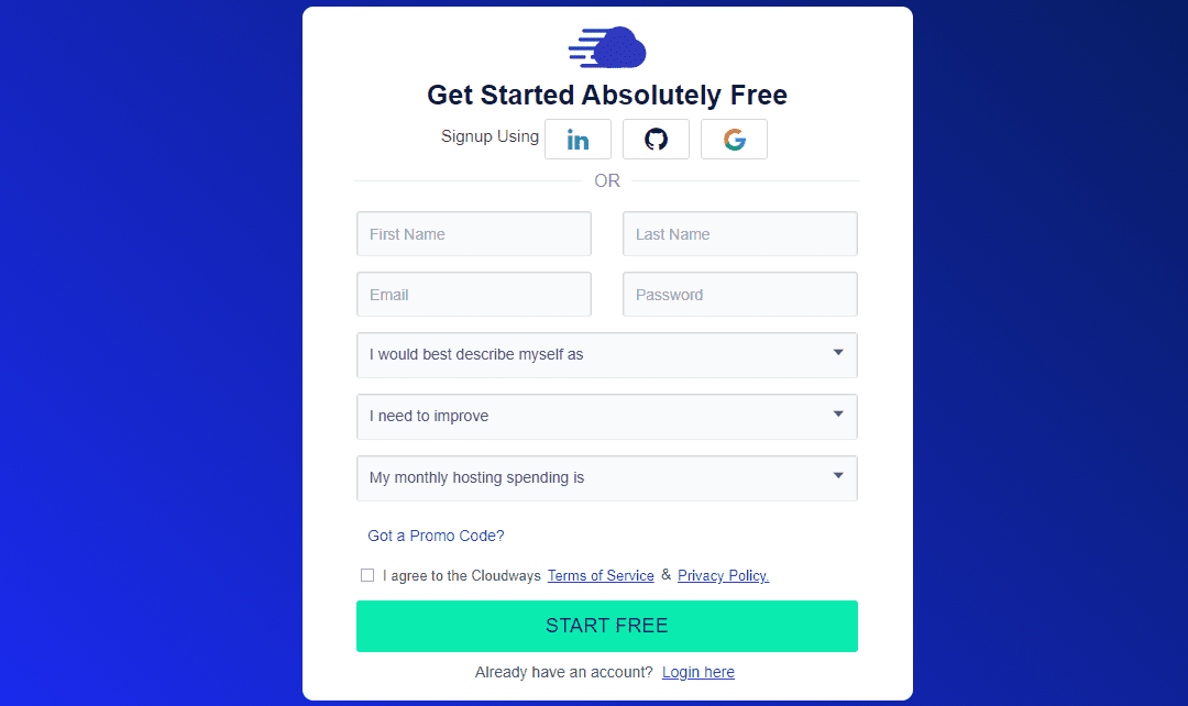 The Cloudways signup page